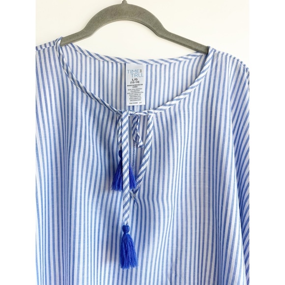 Time and Tru Swim Coverup Kimono Blue White Stripe Tassels Swim Resortwear Large - Picture 6 of 10